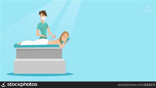 Acupuncturist performing acupuncture therapy on the back of a customer in a beauty salon. Young caucasian woman getting acupuncture treatment. Vector flat design illustration. Horizontal layout.. Acupuncturist doctor making acupuncture therapy.