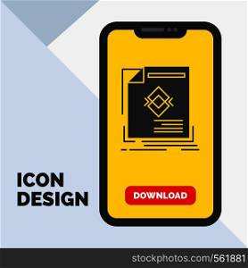 ad, advertisement, leaflet, magazine, page Glyph Icon in Mobile for Download Page. Yellow Background. Vector EPS10 Abstract Template background
