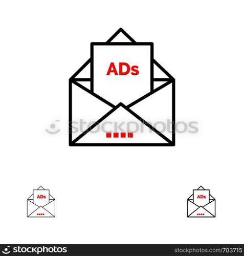 Ad, Advertising, Email, Letter, Mail Bold and thin black line icon set