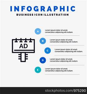 Ad, Board, Advertising, Signboard Line icon with 5 steps presentation infographics Background