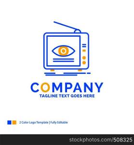 Ad, broadcast, marketing, television, tv Blue Yellow Business Logo template. Creative Design Template Place for Tagline.