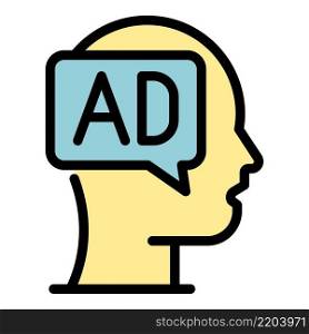 Ad bubble in the head icon. Outline ad bubble in the head vector icon color flat isolated. Ad bubble in the head icon color outline vector