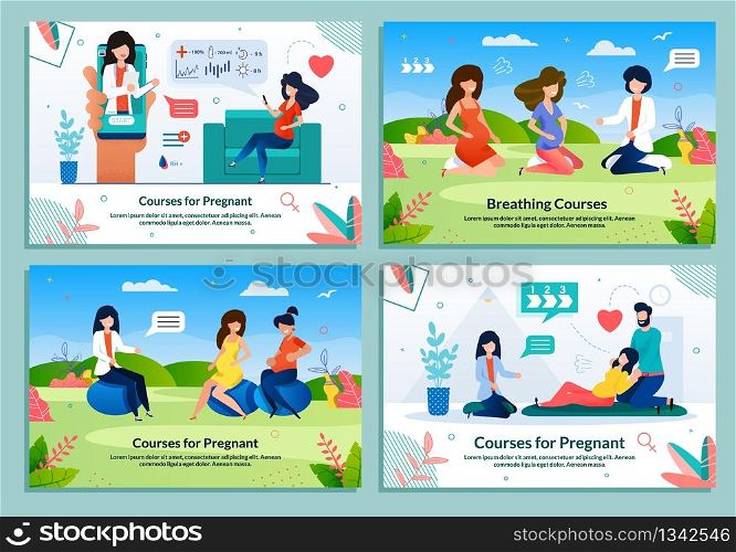 Ad Flat Banner Set Offering Courses for Pregnant. Medical Support and Doctors Advices. Pregnancy Management and Maternity Care. Lectures, Fitness and Practical Trainings. Vector Cartoon illustration. Ad Flat Banner Set Offering Courses for Pregnant