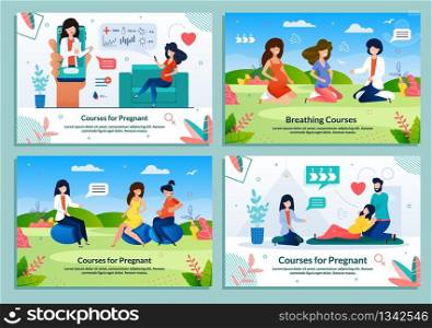 Ad Flat Banner Set Offering Courses for Pregnant. Medical Support and Doctors Advices. Pregnancy Management and Maternity Care. Lectures, Fitness and Practical Trainings. Vector Cartoon illustration. Ad Flat Banner Set Offering Courses for Pregnant
