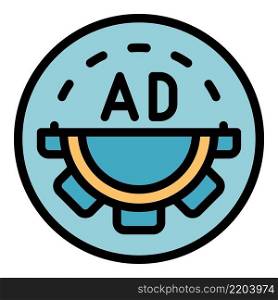 Ad in a circle with cog icon. Outline ad in a circle with cog vector icon color flat isolated. Ad in a circle with cog icon color outline vector