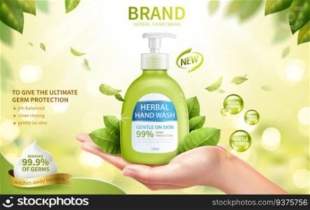 Ad template of fresh herbal hand wash, realistic female hand in open palm gesture with dispenser bottle, 3d illustration. Liquid hand wash ad template
