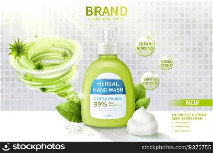 Ad template of hand wash, realistic dispenser bottle decorated with disinfecting vortex, herbal leaves and creamy lather, 3d illustration. Liquid hand wash ad template