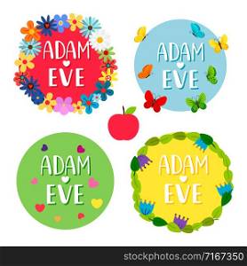 Adam and Eve banners with flowers, leaves, butterflies, hearts vector set. Bible christianity badge colored illustration. Adam and Eve banners with flowers, leaves, butterflies, hearts vector set