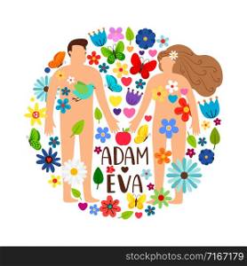 Adam and Eve. Bible genesis vector illustration with naked woman, man and apple, temptation or adamant story in floral garden. Adam and Eve
