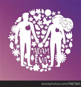 Adam and eve silhouettes, couple in love with flowers and birds vector concept. White silhouette eve and adam with flower illustration. Adam and eve silhouettes, couple in love with flowers and birds vector concept
