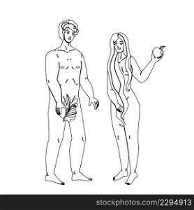 Adam And Eve Standing Together In Paradise Black Line Pencil Drawing Vector. Adam And Eve Holding Tree Leaf And Apple Fruit Stand Togetherness In Eden. Religious Characters Man And Woman Illustration. Adam And Eve Standing Together In Paradise Vector