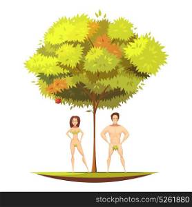 Adam Eve Under Apple Tree Cartoon Illustration . Adam and eve in eden garden ander apple tree with forbidden fruit of knowledge cartoon vector illustration