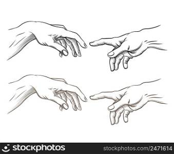 Adam hand and hand of God like creation. Hope and help, assistance and support religion, vector illustration. Adam hand of God like creation