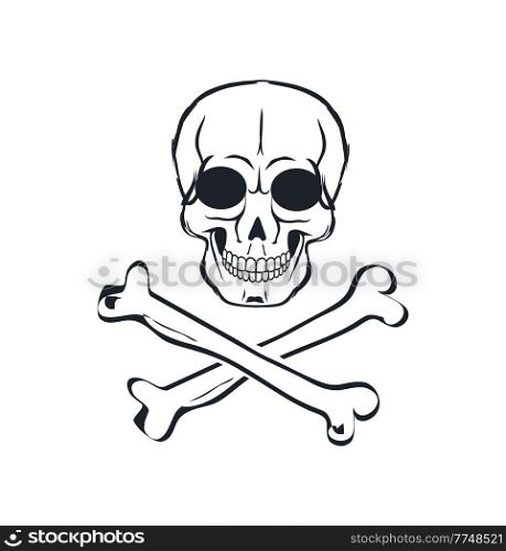 Adam head with two cross-laying bone below symbolic depiction. Victory handing and death protecting biker sign flat vector illustration on white.. Scull and Crossbones Sign Vector Illustration