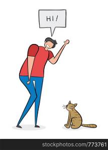 Adam says hi to the cat, hand-drawn vector illustration. Black outlines and colored.
