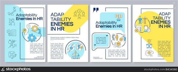 Adaptability enemies in HR blue and yellow brochure template. Problems. Leaflet design with linear icons. Editable 4 vector layouts for presentation, annual reports. Questrial, Lato-Regular fonts used. Adaptability enemies in HR blue and yellow brochure template