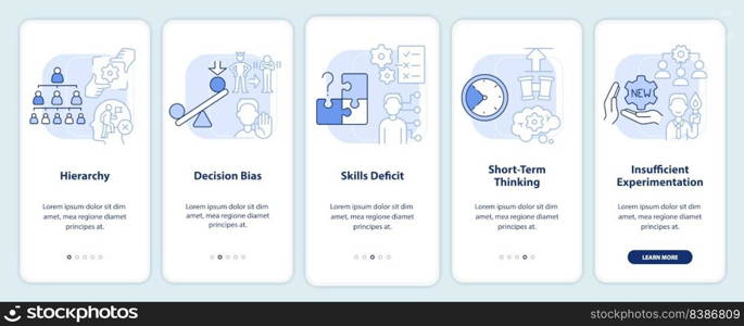 Adaptability enemies in HR light blue onboarding mobile app screen. Walkthrough 5 steps editable graphic instructions with linear concepts. UI, UX, GUI template. Myriad Pro-Bold, Regular fonts used. Adaptability enemies in HR light blue onboarding mobile app screen