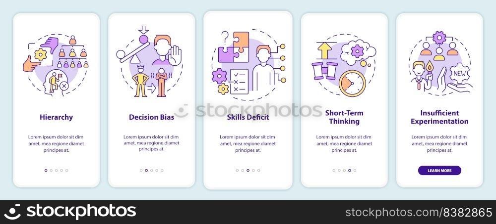 Adaptability enemies in HR onboarding mobile app screen. Employment walkthrough 5 steps editable graphic instructions with linear concepts. UI, UX, GUI template. Myriad Pro-Bold, Regular fonts used. Adaptability enemies in HR onboarding mobile app screen
