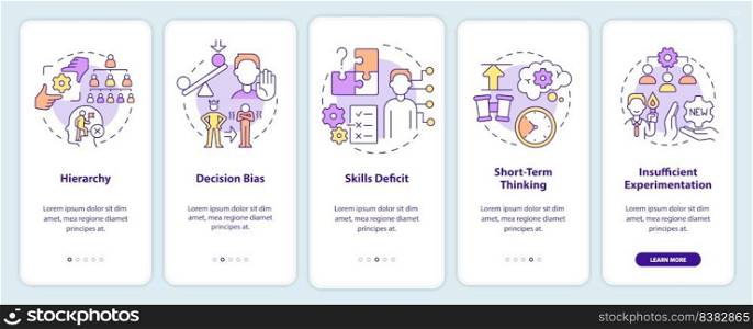 Adaptability enemies in HR onboarding mobile app screen. Employment walkthrough 5 steps editable graphic instructions with linear concepts. UI, UX, GUI template. Myriad Pro-Bold, Regular fonts used. Adaptability enemies in HR onboarding mobile app screen