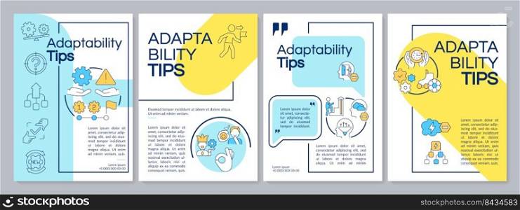 Adaptability tips blue and yellow brochure template. Flexibility. Leaflet design with linear icons. Editable 4 vector layouts for presentation, annual reports. Questrial, Lato-Regular fonts used. Adaptability tips blue and yellow brochure template