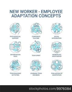 Adaptation of new worker concept icons set. Psychosocial support and team spirit idea thin line RGB color illustrations. Core values and mentorship. Vector isolated outline drawings. Editable stroke. Adaptation of new worker concept icons set