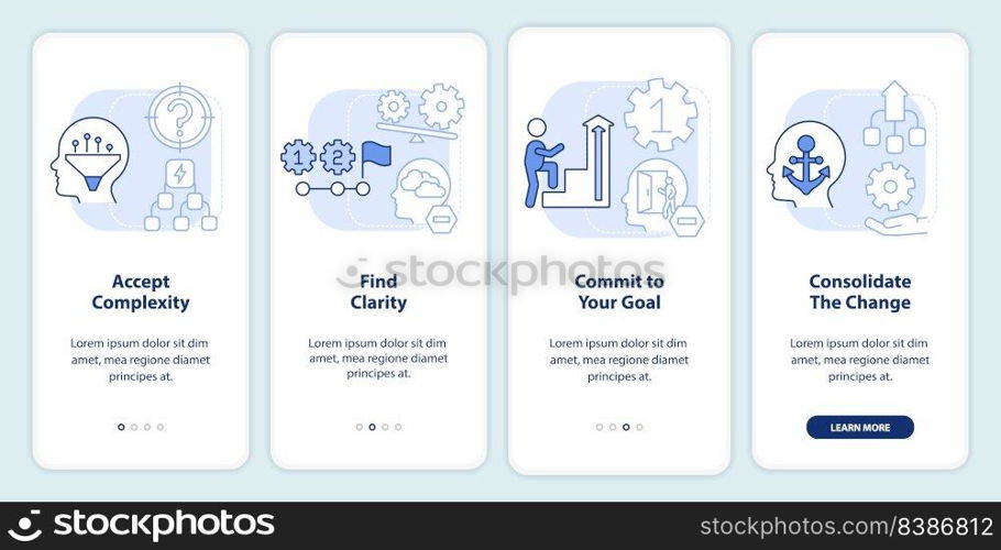 Adaptation to complex change light blue onboarding mobile app screen. Walkthrough 4 steps editable graphic instructions with linear concepts. UI, UX, GUI template. Myriad Pro-Bold, Regular fonts used. Adaptation to complex change light blue onboarding mobile app screen
