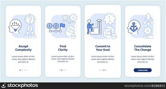 Adaptation to complex change light blue onboarding mobile app screen. Walkthrough 4 steps editable graphic instructions with linear concepts. UI, UX, GUI template. Myriad Pro-Bold, Regular fonts used. Adaptation to complex change light blue onboarding mobile app screen