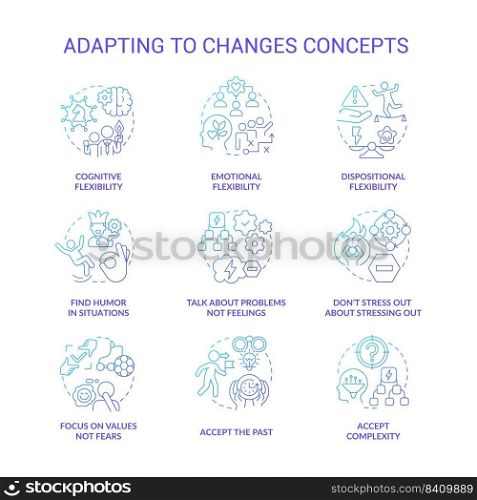 Adapting to changes blue gradient concept icons set. Skills and abilities. Flexibility idea thin line color illustrations. Isolated symbols. Roboto-Medium, Myriad Pro-Bold fonts used. Adapting to changes blue gradient concept icons set