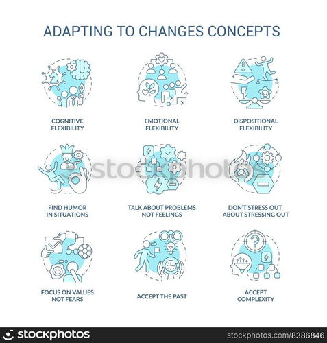 Adapting to changes turquoise concept icons set. Skill and ability. Flexibility idea thin line color illustrations. Isolated symbols. Editable stroke. Roboto-Medium, Myriad Pro-Bold fonts used. Adapting to changes turquoise concept icons set