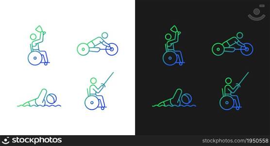 Adaptive contests gradient icons set for dark and light mode. People with physical disability. Thin line contour symbols bundle. Isolated vector outline illustrations collection on black and white. Adaptive contests gradient icons set for dark and light mode