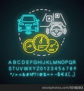 Adaptive cruise control neon light concept icon. Self-driving car. Autopilot vehicle idea. Glowing sign with alphabet, numbers and symbols. Vector isolated illustration