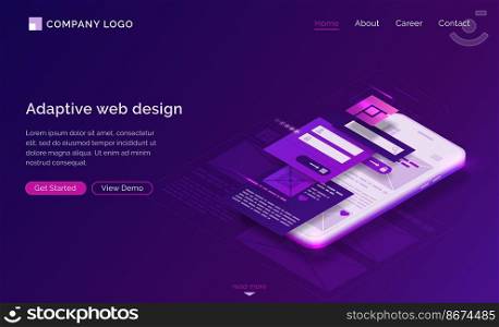 Adaptive interface design isometric landing page. User experience, ui ux mobile phone layouts, online form for login and password enter. Mobile app development, gadget software 3d vector web banner. Adaptive interface design isometric landing page