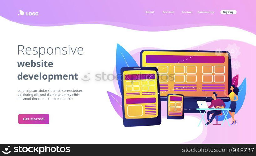 Adaptive mobile app interface, web optimization. Responsive web design, responsive website development, good UX for all screens concept. Website homepage landing web page template.. Responsive web design concept landing page.