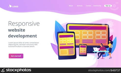 Adaptive mobile app interface, web optimization. Responsive web design, responsive website development, good UX for all screens concept. Website homepage landing web page template.. Responsive web design concept landing page.