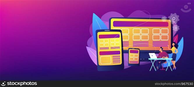 Adaptive mobile app interface, web optimization. Responsive web design, responsive website development, good UX for all screens concept. Header or footer banner template with copy space.. Responsive web design concept banner header.