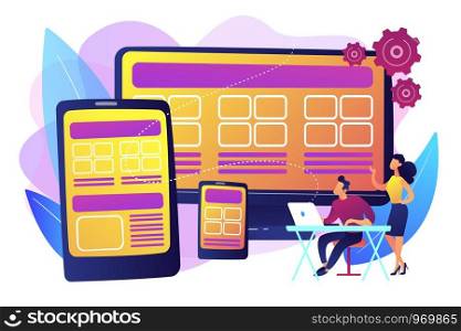 Adaptive mobile app interface, web optimization. Responsive web design, responsive website development, good UX for all screens concept. Bright vibrant violet vector isolated illustration. Responsive web design concept vector illustration.