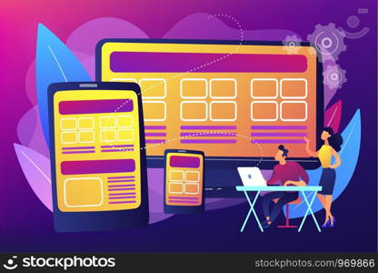 Adaptive mobile app interface, web optimization. Responsive web design, responsive website development, good UX for all screens concept. Bright vibrant violet vector isolated illustration. Responsive web design concept vector illustration.