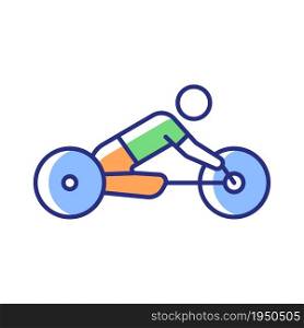 Adaptive road cycling RGB color icon. Professional road bike racing. Cycling competition on horizontal track. Athlete with disability. Isolated vector illustration. Simple filled line drawing. Road cycling RGB color icon