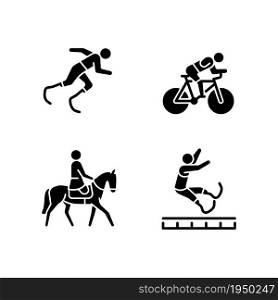 Adaptive sports black glyph icons set on white space. Equestrian and athletic sports. Sportsman with prosthesis. Unique skills demonstration. Silhouette symbols. Vector isolated illustration. Adaptive sports black glyph icons set on white space