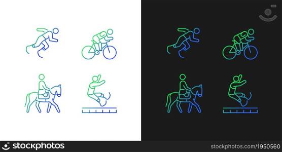 Adaptive sports gradient icons set for dark and light mode. Sportsman with prosthesis. Thin line contour symbols bundle. Isolated vector outline illustrations collection on black and white. Adaptive sports gradient icons set for dark and light mode