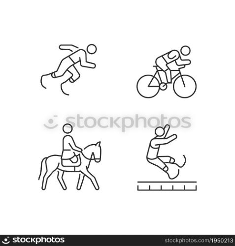 Adaptive sports linear icons set. Equestrian and athletic sports. Sportsman with prosthesis. Customizable thin line contour symbols. Isolated vector outline illustrations. Editable stroke. Adaptive sports linear icons set