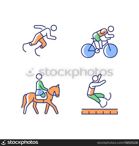 Adaptive sports RGB color icons set. Equestrian and athletic sports. Sportsman with prosthesis. Unique skills demonstration. Isolated vector illustrations. Simple filled line drawings collection. Adaptive sports RGB color icons set