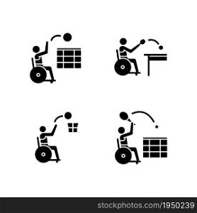 Adaptive wheelchair sports black glyph icons set on white space. Professional ball game contests. Competitive team events. Sportsman with disability. Silhouette symbols. Vector isolated illustration. Adaptive wheelchair sports black glyph icons set on white space