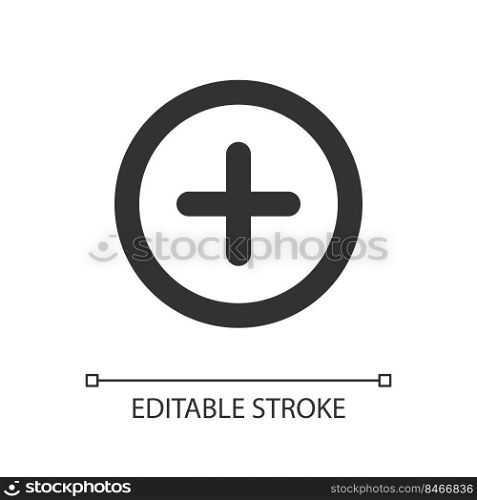 Add button pixel perfect linear ui icon. Increase volume. Toolbar control. Menu command. GUI, UX design. Outline isolated user interface element for app and web. Editable stroke. Arial font used. Add button pixel perfect linear ui icon