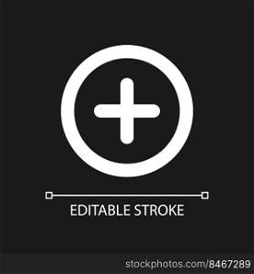 Add button pixel perfect white linear ui icon for dark theme. Increase volume. Menu command. Vector line pictogram. Isolated user interface symbol for night mode. Editable stroke. Arial font used. Add button pixel perfect white linear ui icon for dark theme