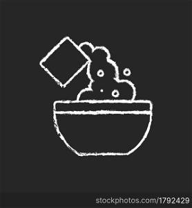 Add cooking ingredient chalk white icon on dark background. Pour flour to mixture. Baking guide step. Cooking instruction. Food preparation process. Isolated vector chalkboard illustration on black. Add cooking ingredient chalk white icon on dark background