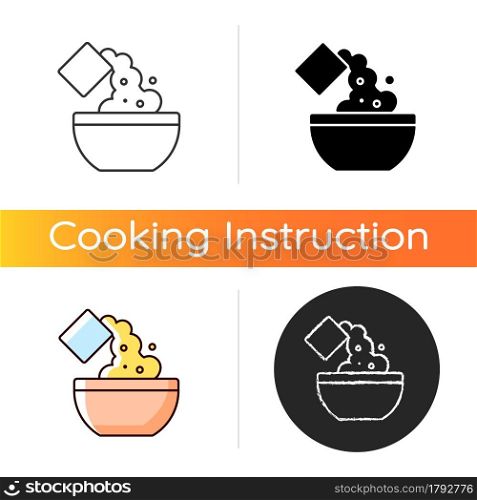 Add cooking ingredient icon. Pour flour to mixture. Baking guide step. Cooking instruction. Food preparation process. Linear black and RGB color styles. Isolated vector illustrations. Add cooking ingredient icon