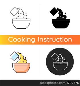 Add cooking ingredient icon. Pour flour to mixture. Baking guide step. Cooking instruction. Food preparation process. Linear black and RGB color styles. Isolated vector illustrations. Add cooking ingredient icon