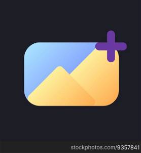 Add image flat gradient fill ui icon for dark theme. Insert photo into footage. Editing tool. Pixel perfect color pictogram. GUI, UX design on black space. Vector isolated RGB illustration. Add image flat gradient fill ui icon for dark theme