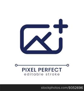Add image pixel perfect linear ui icon. Insert photo into footage. Editing tool. Overlay picture on video. GUI, UX design. Outline isolated user interface element for app and web. Editable stroke. Add image pixel perfect linear ui icon